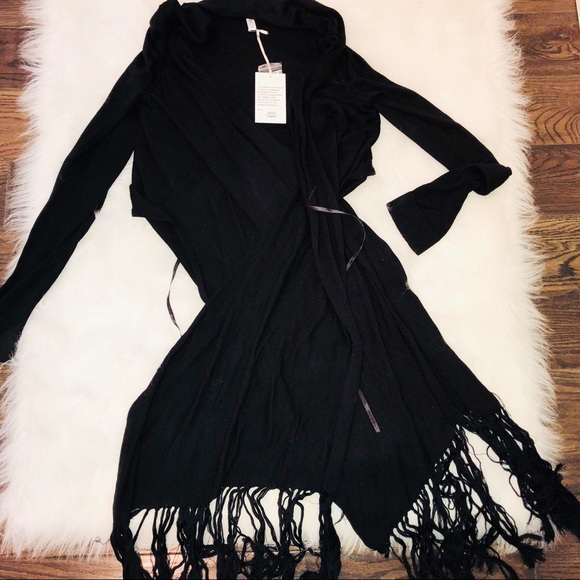 Esley Sweaters - Esley Small Black sweater wrap cardigan w/fringe